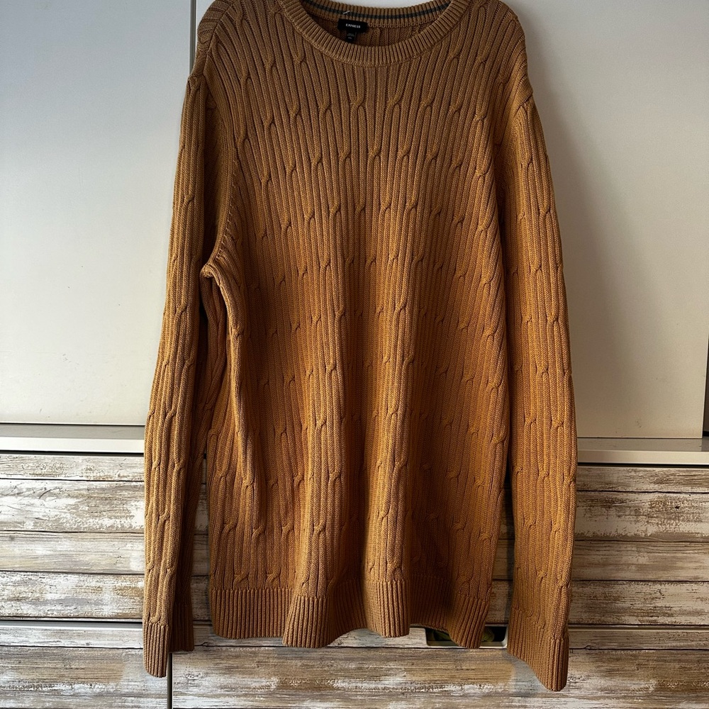 🧥 Express Men’s Brown Cable Knit Crewneck Sweater XXL Cotton Knit